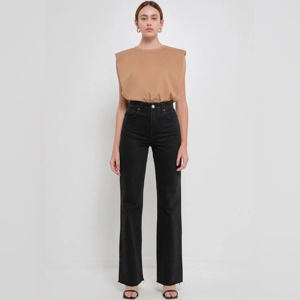 🆕 Endless Rose Tan Sleeveless Top with Shoulder Pads - Large - Picture 2 of 5